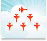 Formace ukazující nahoru, vůdce ukazující vpravo, ostatní ukazující dolů 